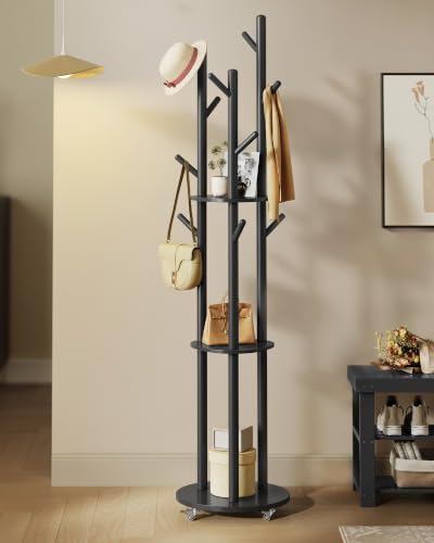 VASAGLE Freestanding Coat Rack Stand, Coat Tree with 11 Hooks, 3 Shelves, 4 Removable 360° Swivel Wheels, Wooden Hooks and Poles, for Entryway, Bedroom, Living Room, Ink Black URCR023B01 - color: Ink Black