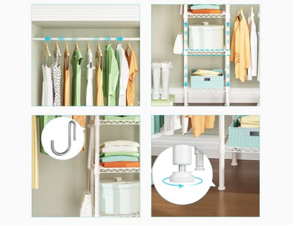 M1 Closet Storage Organizer System, 6 Tiers Heavy Duty Metal Garment Rack with 3 Expandable Hanger Rods, Wall Mounted Space Saver Suits from 5.4-8.7 ft. Width, 71.2”H x 14”D, 700LBS, White - color: White