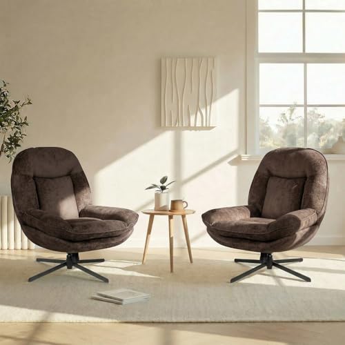 GINGO 24" High Back Swivel Accent Chair Set of 2 for Living Room, Brown | Large Accent Chair, Comfy Reading Chair Oversized, Slightly Rocking Upholstered Armchair, Ergonomic Fabric Modern Chair - color: Brown