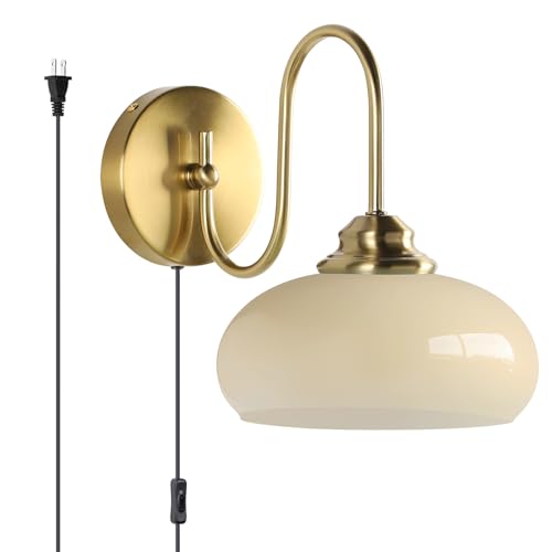 KCO Lighting Glass Globe Plug in Wall Sconces Vintage Goose Neck Wall Lamps Plug in Brass Gold Kitchen Wall Light Fixtures for Living Room Bedroom - color: Yellow