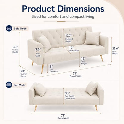Majnesvon 71" Convertible Folding Sleeper Sofa Couch,Modern Velvet Loveseat Sleeper with 2 Pillows, Futon Sofa Bed with Mattress and Frame for Living Room,Bedroom,Small Space (Beige) - color: Beige