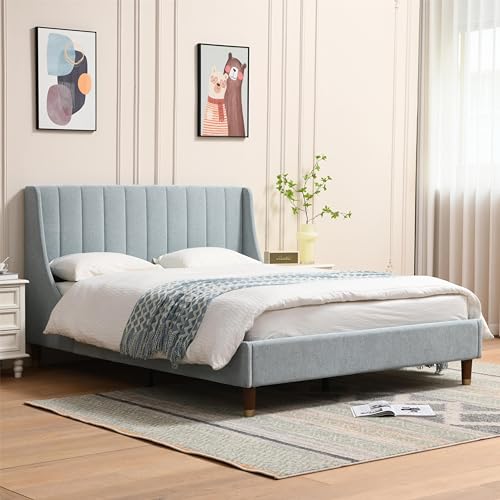 YUHUASHI Queen Size Bed Frame with Linen Fabric Twin Wingback Headboard, Upholstered Platform Bed with Wooden Slat Support, Noiseless, No Box Spring Required (Light Blue, Full) - color: Light Blue, size: Full