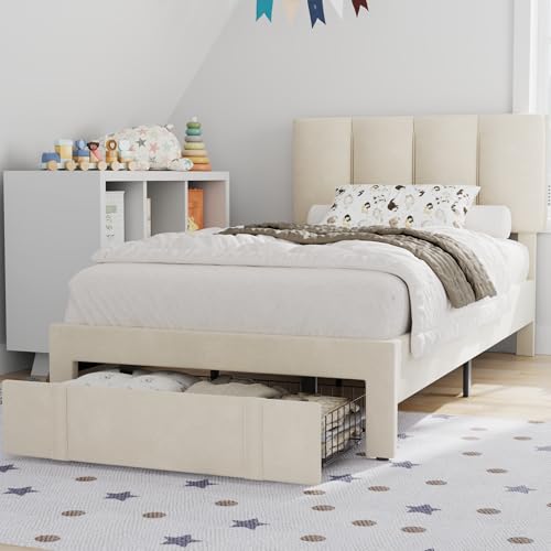 VECELO Twin Bed Frame with Storage Drawer, Heavy-Duty Platform Bedframe with Headboard & Strong Wooden Slats Support, No Boxing Spring Needed, Pala Beige - color: Pale Beige, size: Twin, style: Bed Frame With Drawers