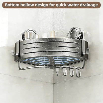 Suction Cup Corner Shower Caddy, No Drill, 1 Tier, Gray | Aluminum, With Hooks, Floating Rack for Inside, Bathroom Wall Shelf Organizer - style: Suction Cup Corner Shower Caddy ,1 Tier ,Gray