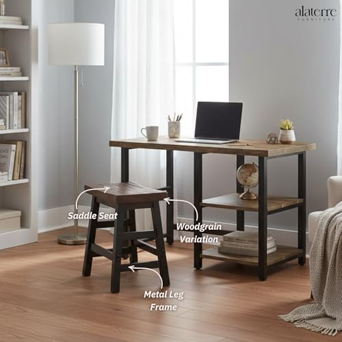 Alaterre Furniture Pomona Rustic Industrial Barstool – 20” Backless Counter Stool with Solid Pine Wood Seat and Black Metal Legs – Farmhouse Seating for Dining Room, Kitchen, or Office (Natural/Black) - style: Metal Frame Barstool