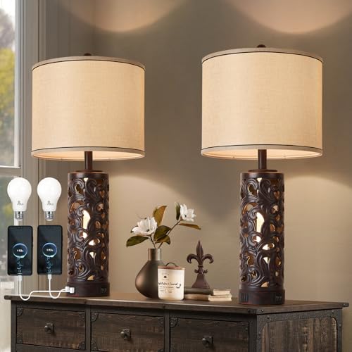 AIDENOEY Set of 2 Table Lamps with Night Light, 28" Farmhouse Table Lamp with USB A+C Ports,Brown Ceramic Bedside Lamp with Fabric Shade for Living Room,Bedroom,Home,Office(2 Bulbs Included) - color: Brown-1