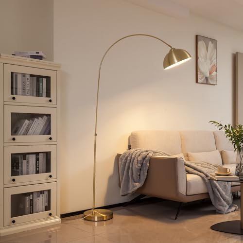 74.8" Arched Floor Lamp, Height Adjustable Arc Floor Lamp for Living Room in Matte Gold/Brass with Foot Switch, Over Couch Reading Floor Lamp for Bedroom Office, 1 x E26 Bulb Not Included