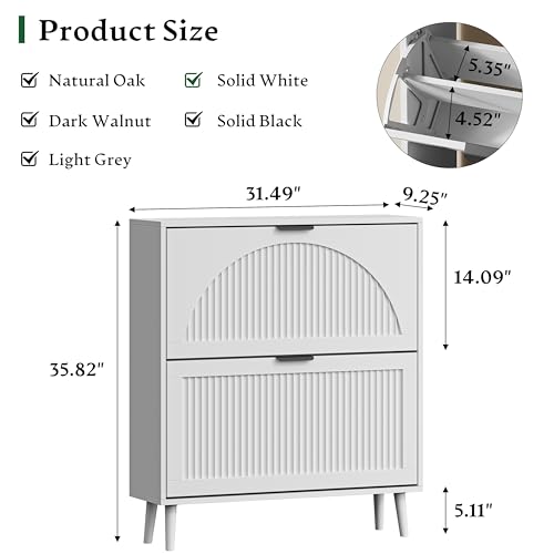 Xixini Shoe Storage Cabinet with 2 Flip Drawers, 36" Tall Narrow Wood Fluted Shoe Organizer for Entryway, Freestanding Wooden Hidden Slim Shoe Rack for Front Door Entrance, Hallway, Foyer, Solid White - color: Solid White, size: 2 Flip Drawers