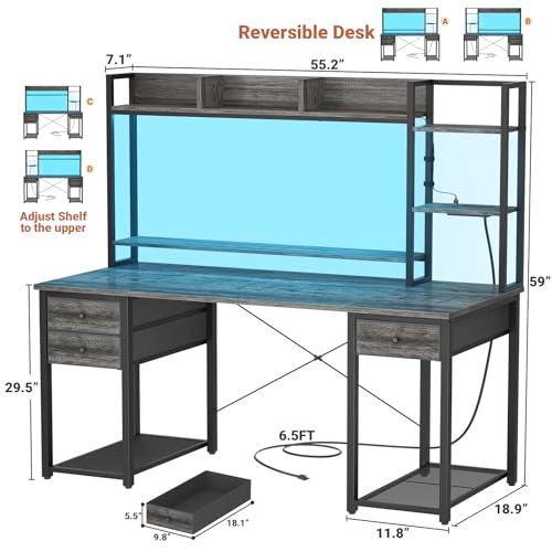 Aheaplus Desk with LED and Outlets, Gaming Desks with Hutch, 55.2'' Computer Desk with Drawers, Reversible Office Desk with Storage Bookshelf Large Workstation with Shelf, Desk for Home, Black Oak - color: Black Oak, size: 55.2''