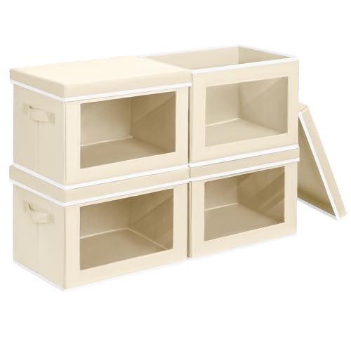 Storage Bins with Lids - Fabric Closet Storage Bins with Window, Collapsible Baskets for Shelves 4 Pack, Home Decorative Boxes for Clothes, Closet, Office, Beige - color: Beige yellow, size: L(4-Pack)