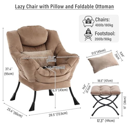 Lazy Chair with Ottoman, Velvet Reading Chair with Pillow，Black | Comfy Accent Lounge Chair with Pillow & folding Foot Stool, sturdy metal frame for bedroom, dorm or apartment, Living Room - color: Pure Khaki