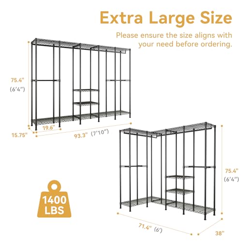 Higeego H5 Heavy Duty Clothes Rack, Black Clothing Rack for Hanging Clothes | 93.3"Wx15.7"Dx75.4"H, Large Garment Rack, Freestanding, Wardrobe Closet with Adjustable Shelf, Load 1400 lbs - color: Black