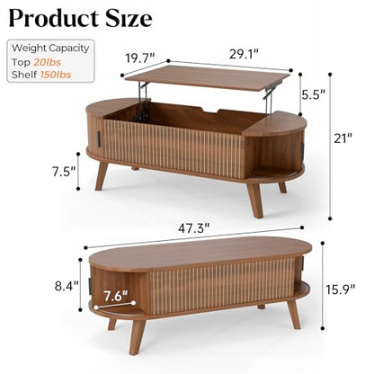 Oval Lift Top Coffee Table with Storage, 47.2" Mid Century Modern Fluted Coffee Table with Sliding Tambour Doors & Hidden Compartment, for Living Room Home Office, Walnut - color: Walnut Oval