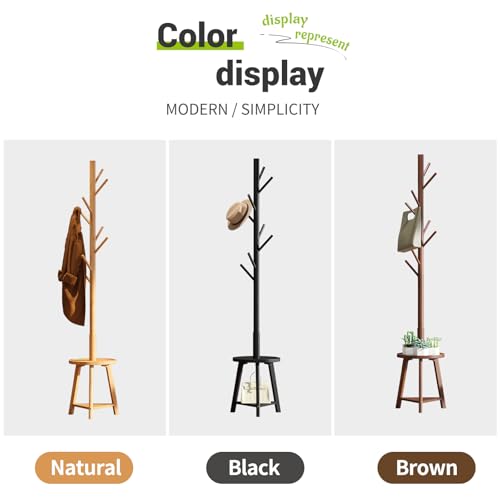 BMOSU Coat Rack freestanding Stand with 2 Shelves Bamboo Wooden Coat Tree Easy Assembly 8 Hooks Standing Jackets Hanger Hallway Office Floor Coat Stand Brown - color: BROWN