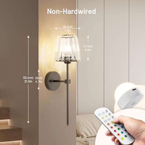 Crystal Battery Operated Wall Sconces Set of 2, Brown Rechargeable Wireless Wall Lights with Crystal Lampshade, 12 RGB and 3CCT Dimmable Wall Lamps with Remote for Bedroom Living Room Hallway - color: Brown