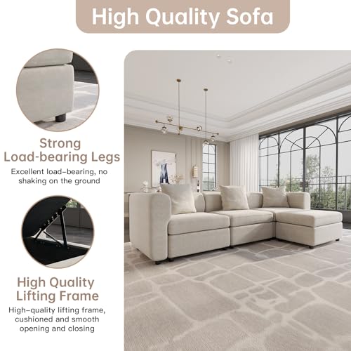 Miuuod Modern Sectional Sofa with 1 Storage Ottoman L Shape Modular Couch 3 Seat Convertible Sectional Couch Deep Seat Living Room High Resilience Cushions for Apartment Home Lounge Beige - color: Beige, style: 4 Seats（3 Seats with 1 Ottomans）