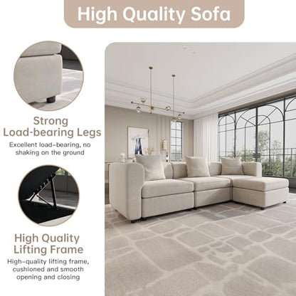 Velvet Sectional Sofa with 3 Pillows and Storage Ottoman, Convertible L-Shaped Couch with Cushions, 4 Seaters Couch for Living Room, Beige 103.5" L - size: 4 Seaters(With Ottoman)