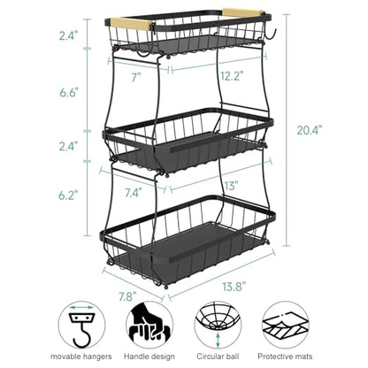3-Tier Fruit Basket with Banana Hangers, Detachable Metal Bowl | Wooden handle, protective mats included. Versatile holder for bread, snacks, and veggies. Large 3 tier metal design. - color: Black, size: 3 Tier