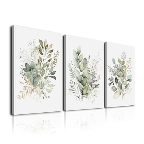 Framed Bathroom Wall Art Set of 3 for Rustic Botanical Prints,Watercolor Botanical Wall Art,Sage Green Painting Eucalyptus Leaf Art Pictures,Modern Boho Floral Wall Decor for Room Living Room Bedroom Decorations,12x16inch - color: Watercolor Flower, size: