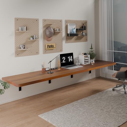 IAE Wall Mounted Folding Table with Pine Wood,72" x 16"Floating Wall Desk | Laundry Folding Table with Shelf Brackets,Fold Down Desk Shelf,Fold Workbench for Apartments,Home,Laundry Room,Kitchen,Teak - color: Teak, size: 72*16* 8 Inch