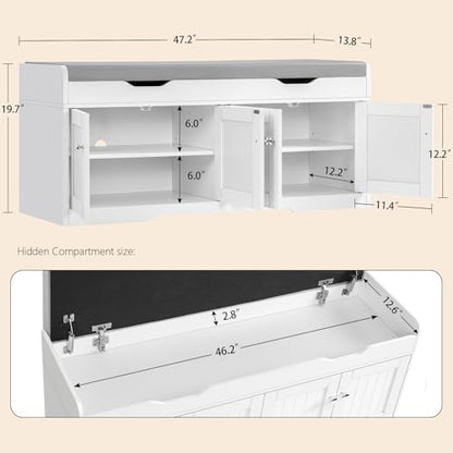 3-Tier Storage Bench, 47.2" Wide Shoe Bench with Lift Top Storage & 2 Adjustable Shelves, Entryway Bench with Padded Seat Cushion, Shoe Cabinet Bench for Entryway, Living Room, Bedroom (White) - size: 13.78"D x 47.2"W x 19.7"H