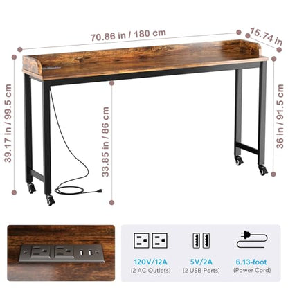 Ytaoka 70.8" Standing Desk with Charging Station, Extra Long Desk on Wheels for Standing and Sitting, Sofa Table Behind Couch with Power Outlets and USB Ports, Easy Assembly, Walnut - color: 70.86" Walnut