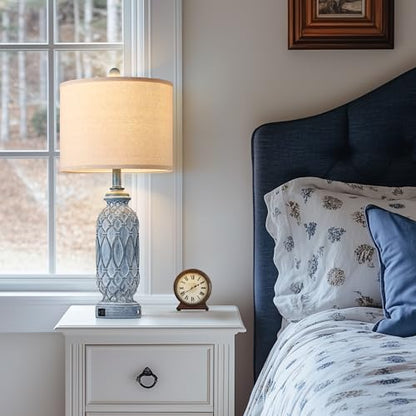 Farmhouse Lamps for Bedroom Set of 2, 28" Rustic Lamps for Living Room with USB Ports, 3-Way Dimmable Nightstand Table Lamp (Bulbs Included) - color: 3.Blue