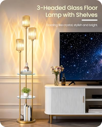 Gold Floor Lamp with Shelves, Modern Floor Lamp with 3 Crystal Shades and Foot Switch, 3-Light Standing Lamp with 3 Shelves, for Living Room, Bedroom, Study, Office, Gold D53LD05 - color: Gold + Crystal Glass
