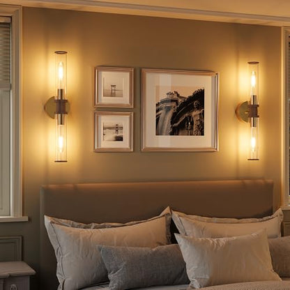Rayogale Gold & Walnut Wireless Battery Operated Wall Sconces with Remote | Glass Rechargeable Wall Lights Set of 2 with Timer Function Dimmable for Living Room Bedroom Emergency 3000K, 20.5 Inch - color: Gold & Walnut(Clear Tubular Lampshade)
