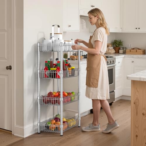 4 Tier Basket Shelf Wire Shelving Unit Adjustable Metal Storage Rack Storage Shelving Standing Shelf Units Heavy Duty Organizer for Pantry Kitchen Bathroom Closet Laundry Utility Room 14"Dx24"Wx47"H