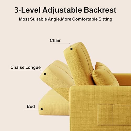 Convertible Sleeper Chair Sofa Bed, Adjustable Backrest, Yellow | 3 in 1 Chair Bed, Adjustable Backrest, Storage Pocket, Compact Fit for Living Rooms, Apartments, Guest rooms - color: Yellow
