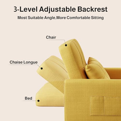 Convertible Sleeper Chair Sofa Bed, Adjustable Backrest, Yellow | 3 in 1 Chair Bed, Adjustable Backrest, Storage Pocket, Compact Fit for Living Rooms, Apartments, Guest rooms - color: Yellow