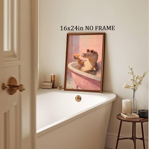Pink Sunglasses Wall Art Funky Animal Posters Aesthetic Cocktail Picture Animal Drinking Wall Art Funny Bathroom Animals Prints Crocodile Artwork Pink Bathtub Painting Bathroom Humor Poster Frameless - color: G2Unframed