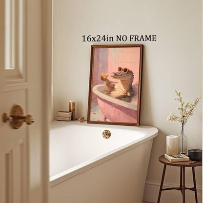 Pink Sunglasses Wall Art Funky Animal Posters Aesthetic Cocktail Picture Animal Drinking Wall Art Funny Bathroom Animals Prints Crocodile Artwork Pink Bathtub Painting Bathroom Humor Poster Frameless - color: G2Unframed