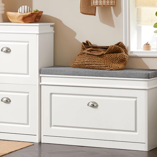 Haotian Shoe Storage Bench with Cushion | White Narrow Shoe Rack for Entryway, Small Shoe Cabinet with Flip-Drawer, Closet Hallway Mudroom FSR82-L-W - color: White, size: 1 Drawer:29.5x9.4x20"