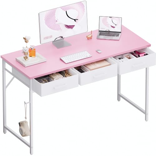 Pamray 47 Inch Small Computer Desk with 3 Drawers for Bedroom Study Writing Home Office Table for Small Spaces Pink - color: Pink, size: 47 Inch