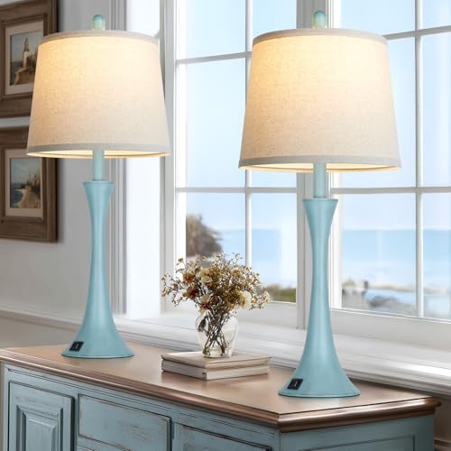Rinweey Blue Metal Table Lamp Set of 2 with USB C+A Ports, Bedside Lamp, Modern Bedroom Lamps, Coastal Lamp for Night Stands Bedroom Living Room,Nightstand Lamp LED Bulbs Included - color: Blue(2 Pack)