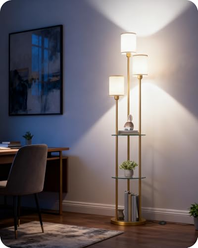 Floor Lamp with Shelves, Modern Floor Lamp with 3 Linen Shades and Foot Switch, 3-Light Standing Lamp, for Living Room, Bedroom, Study, Office, Gold and Beige ED53LD05 - color: Gold + Beige