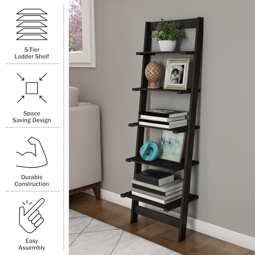 Lavish Home 5-Tier Ladder Shelf – 50" Narrow Leaning Wood Bookcase for Small Spaces, Decorative Storage in Living Room, Office, or Bathroom – Black Modern Display Shelf