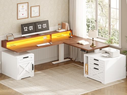 SEDETA Farmhouse L Shaped Standing Desk, 70.1" x 73.2" Height Adjustable Home Office Executive Desk with Drawers, Power Outlet, Monitor Stand, Sit Stand Table with Led Lights for Home Office, White - color: White