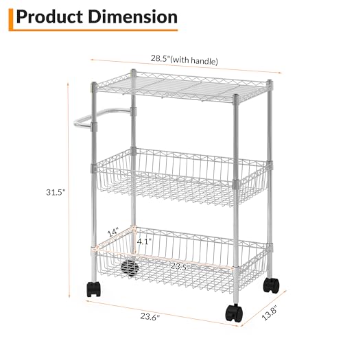 Chrome 3 Tier Rolling Storage Cart, Metal Wire Kitchen Cart with Baskets & Handle, Utility Trolley on Wheels for Kitchen, Bathroom, Laundry, Pantry & Office - color: Sliver