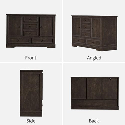 GarveeHome 47" Farmhouse Sideboard Buffet Cabinet, Sideboard Storage credenza with 5 Drawers and 2 Doors, Wood Coffee Bar Cabinet, Buffet Table for Dining Room Living Room, Brown - color: Brown