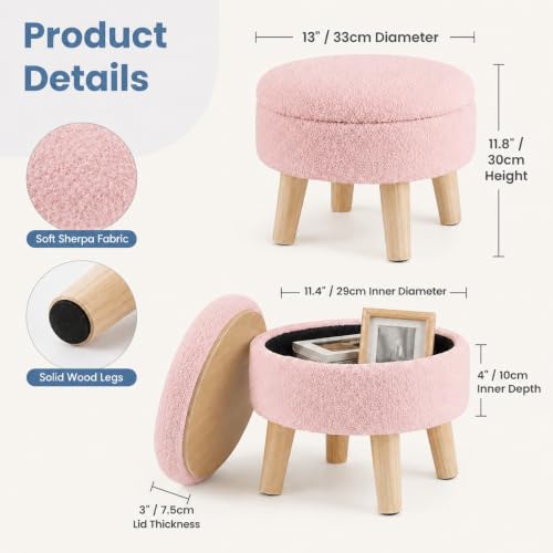 Simple Deluxe 13" Round Storage Ottoman with Wooden Legs & Dual-Use Tray Lid, Fluffy Teddy Boucle Ottoman Footstool for Bedroom, Living Room & Vanity, Pink - color: Pink