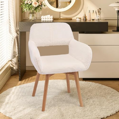 Desk Chair No Wheels Comfy Accent Chair for Living Room Bedroom Dining Home Office Vanity Chair Mid Century Modern Upholstered Armchair (Angora White, 1) - color: Rabbit Fur White
