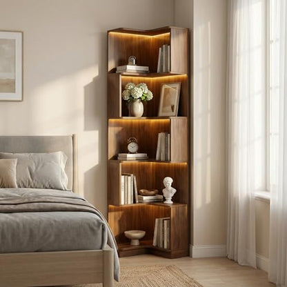 Corner Bookshelf, 5 Tier Tall Corner Bookcase with LED Lights, Freestanding L Shaped Open Display Shelf for Living Room, Bedroom, Home Office (Walnut) - style: Walnut-without drawers