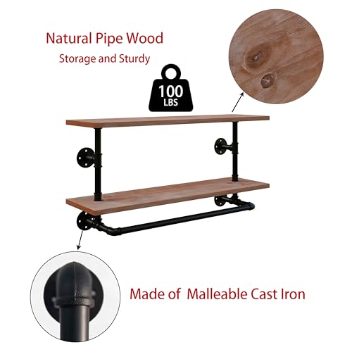 Clothes Rack 36in, 2 Tier Wall Mounted Garment Rack with Real Wood Shelf, Heavy Duty Hanging Clothes Rack, Multi-Purpose Hanging Rod, Space-Saving Closet Storage - color: Brown, size: 2T36IN
