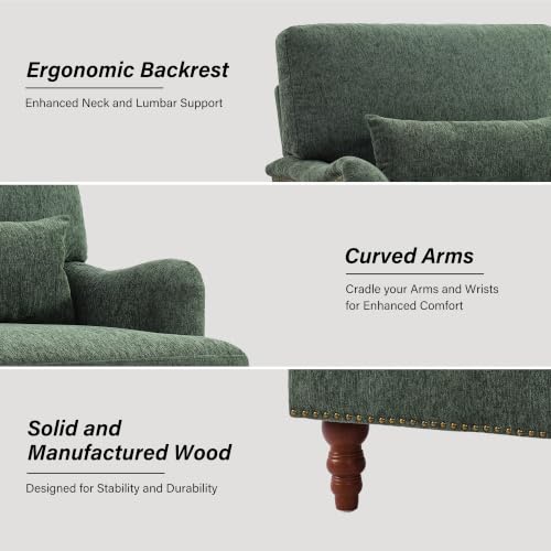 Mid-Century Modern Accent Chair with Lumbar Pillow, Green, 2 Pack | Upholstered Chenille Armchair, Solid Wood Frame & Legs, Comfy Reading Lounge Sofa for Living Room Bedroom, & Small Spaces - color: Chenille Green, size: 2 Seat