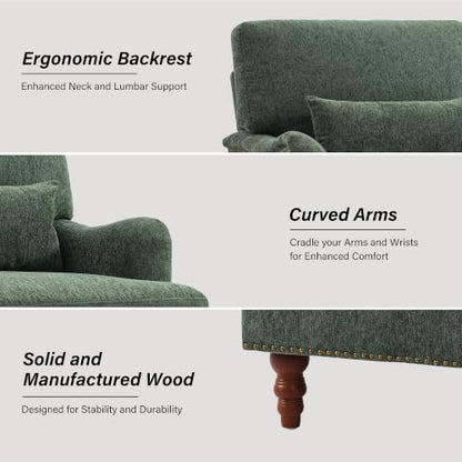 Mid-Century Modern Accent Chair with Lumbar Pillow, Green, 2 Pack | Upholstered Chenille Armchair, Solid Wood Frame & Legs, Comfy Reading Lounge Sofa for Living Room Bedroom, & Small Spaces - color: Chenille Green, size: 2 Seat