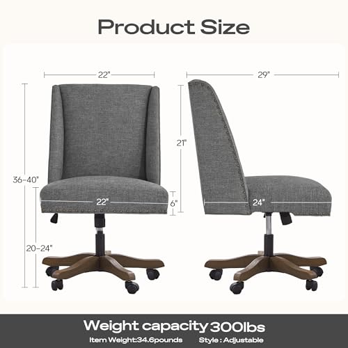 Upholstered Armless Office Chair Fabric Swivel Home Desk Chair with Wheels | Modern Comfy Boho Office Chair with Wooden Legs Adjustable Desk Chair no Arms for Sewing Women Farmhouse Study Studio Grey - color: Grey