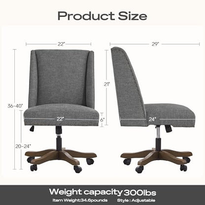 Upholstered Armless Office Chair Fabric Swivel Home Desk Chair with Wheels | Modern Comfy Boho Office Chair with Wooden Legs Adjustable Desk Chair no Arms for Sewing Women Farmhouse Study Studio Grey - color: Grey
